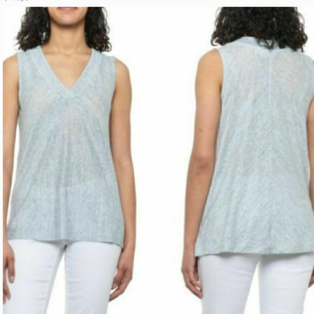 Sigrid Olsen V-Neck Linen Tank Top White Blue Stripes - Picture 2 of 10